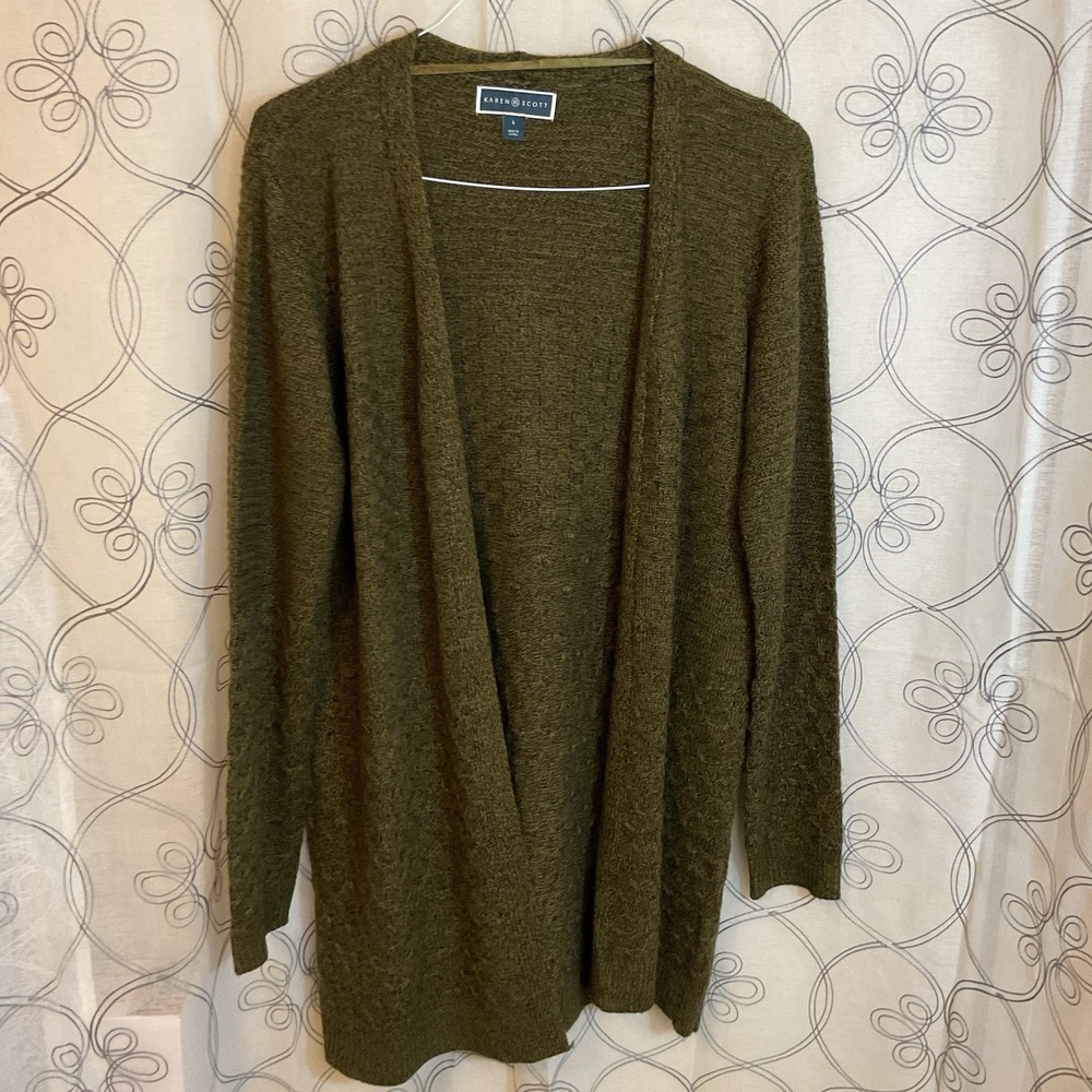 Karen Scott Olive‎ Green Marbled Long Line Tunic Open Front Cardigan Size Large